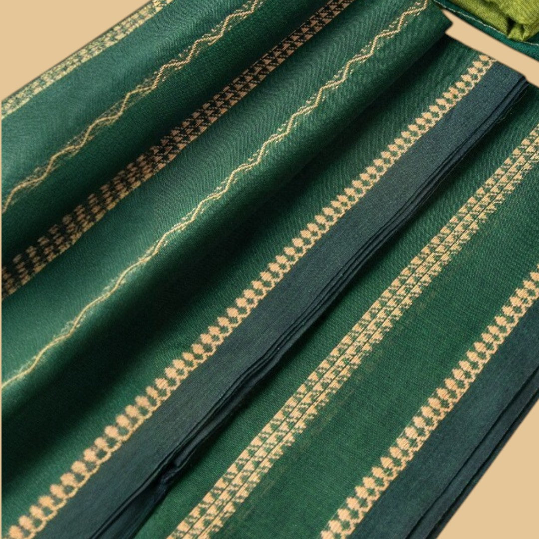 Golden Horizontal Lines in Green Saree