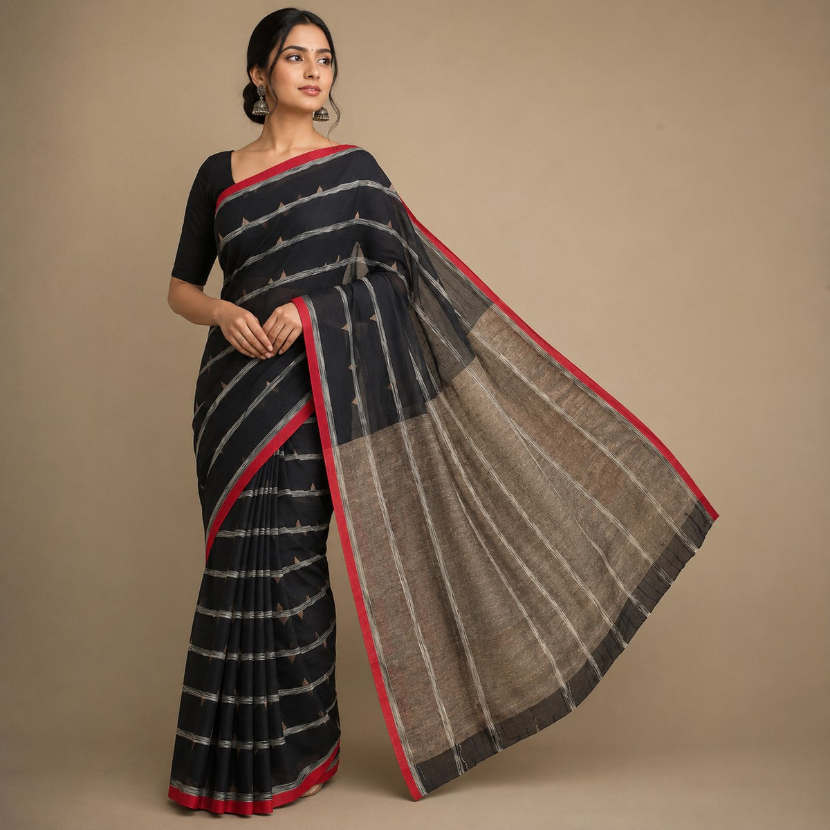 Black Handloom Cotton Saree with Ghicha-Inspired Pallu