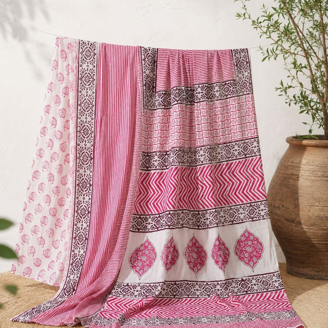Baby Pink Stripe Mul Cotton Saree with Jaipur Hand Block Prints