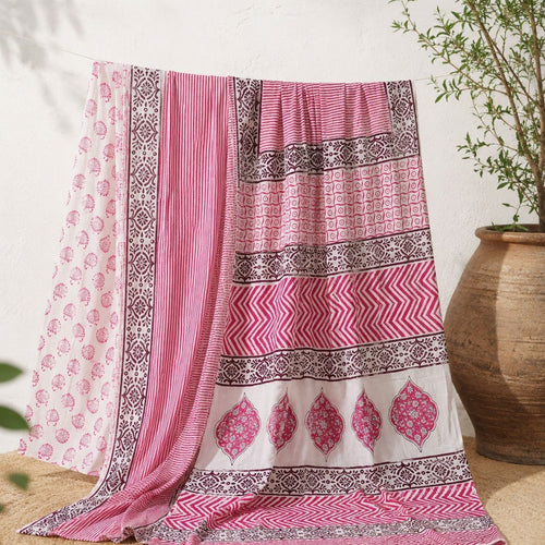 Baby Pink Stripe Mul Cotton Saree with Jaipur Hand Block Prints