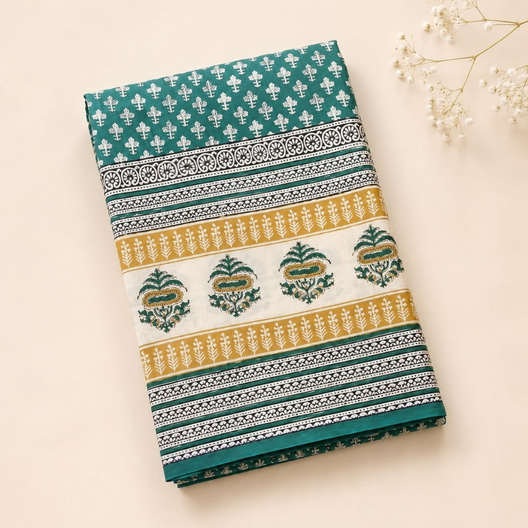 Teal Floral Mul Cotton Saree with Jaipur Hand Block Prints