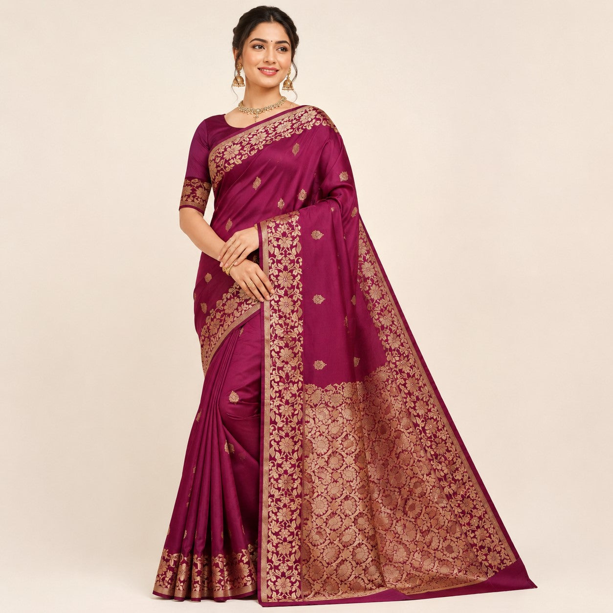 Magenta Banarasi Semi Silk Saree with Gold Zari