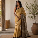 Yellow Stripe Mul Cotton Saree with Jaipur Hand Block Prints