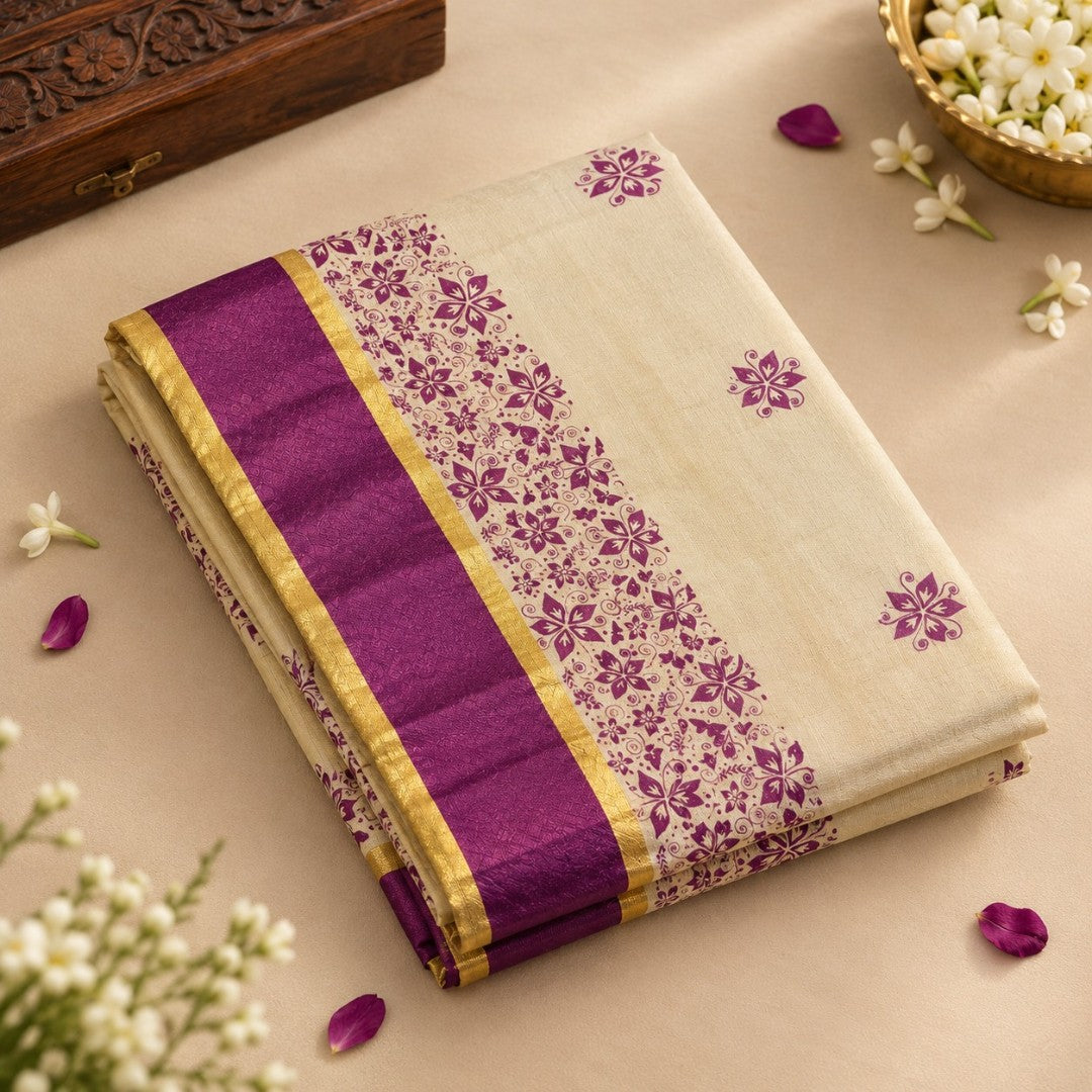 Purple Stars Block Printed Kerala Kasavu Saree