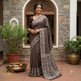 Grey Stripe Mul Cotton Saree with Jaipur Hand Block Prints