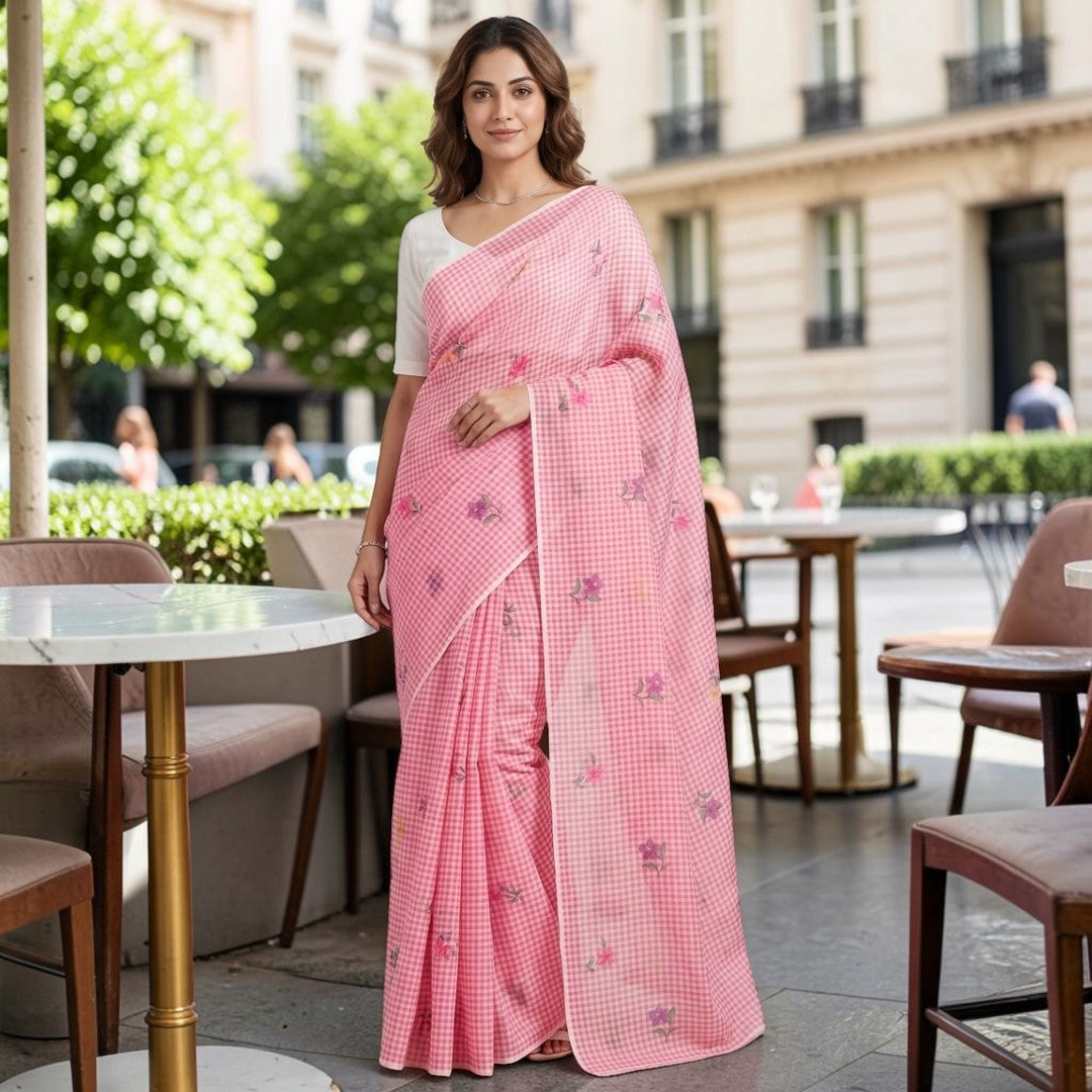 Gingham & Floral Linen Cotton Saree