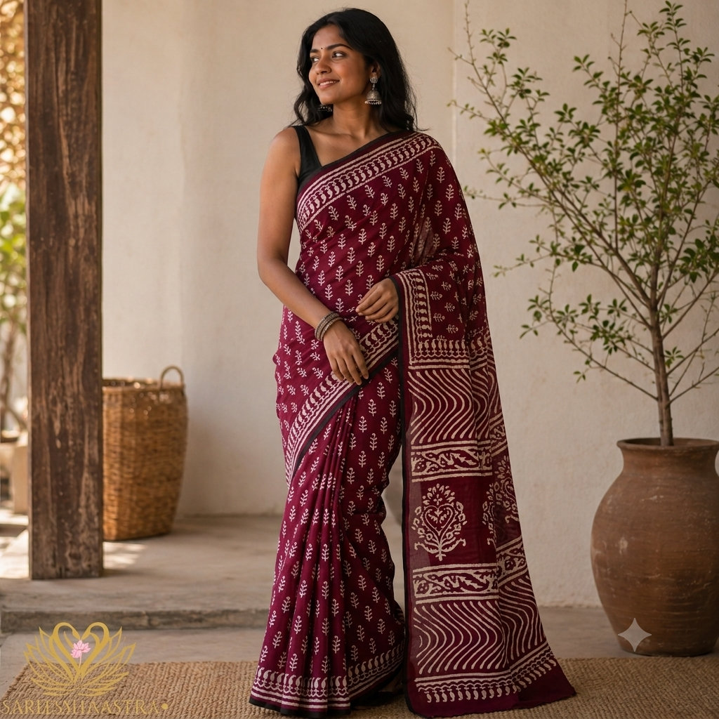 Floral Mul Cotton Saree with Jaipur Hand Block Prints