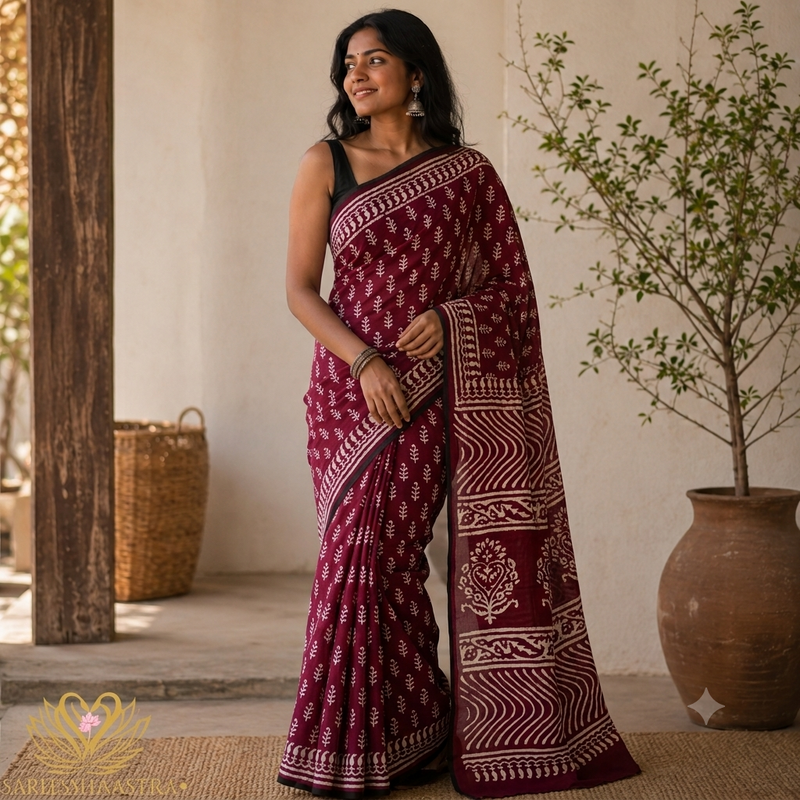 Floral Mul Cotton Saree with Jaipur Hand Block Prints