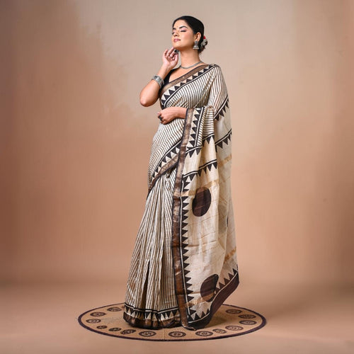 Beige Stripes Bagru Maheshwari