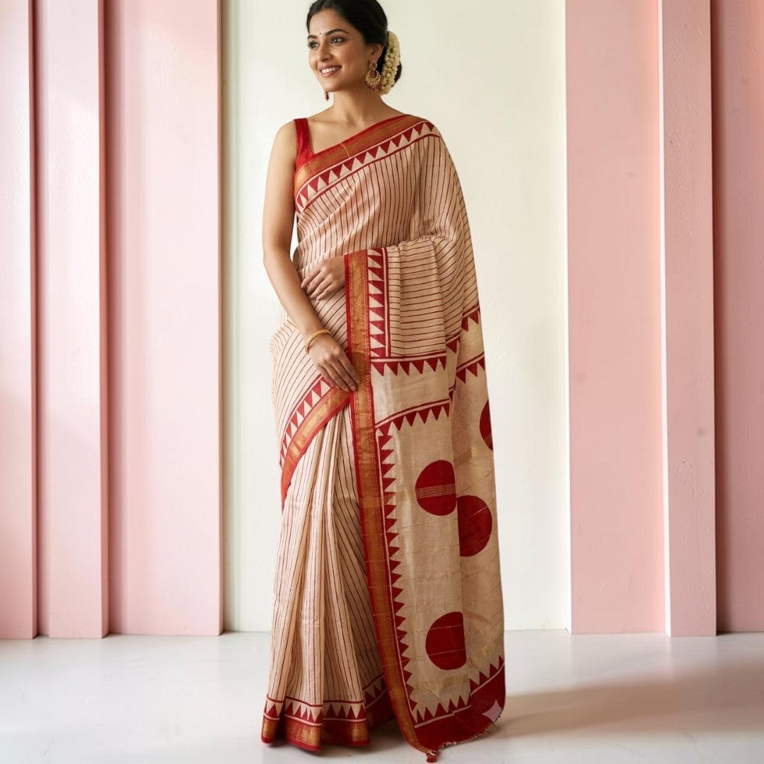 Beige Stripes Bagru Maheshwari