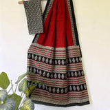 Crimson and Black Hand blocked Mul cotton Saree