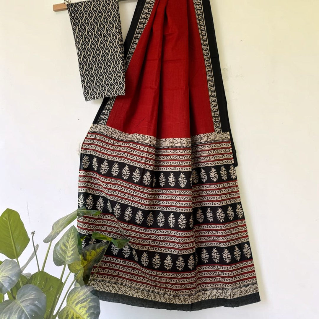 Crimson and Black Hand blocked Mul cotton Saree