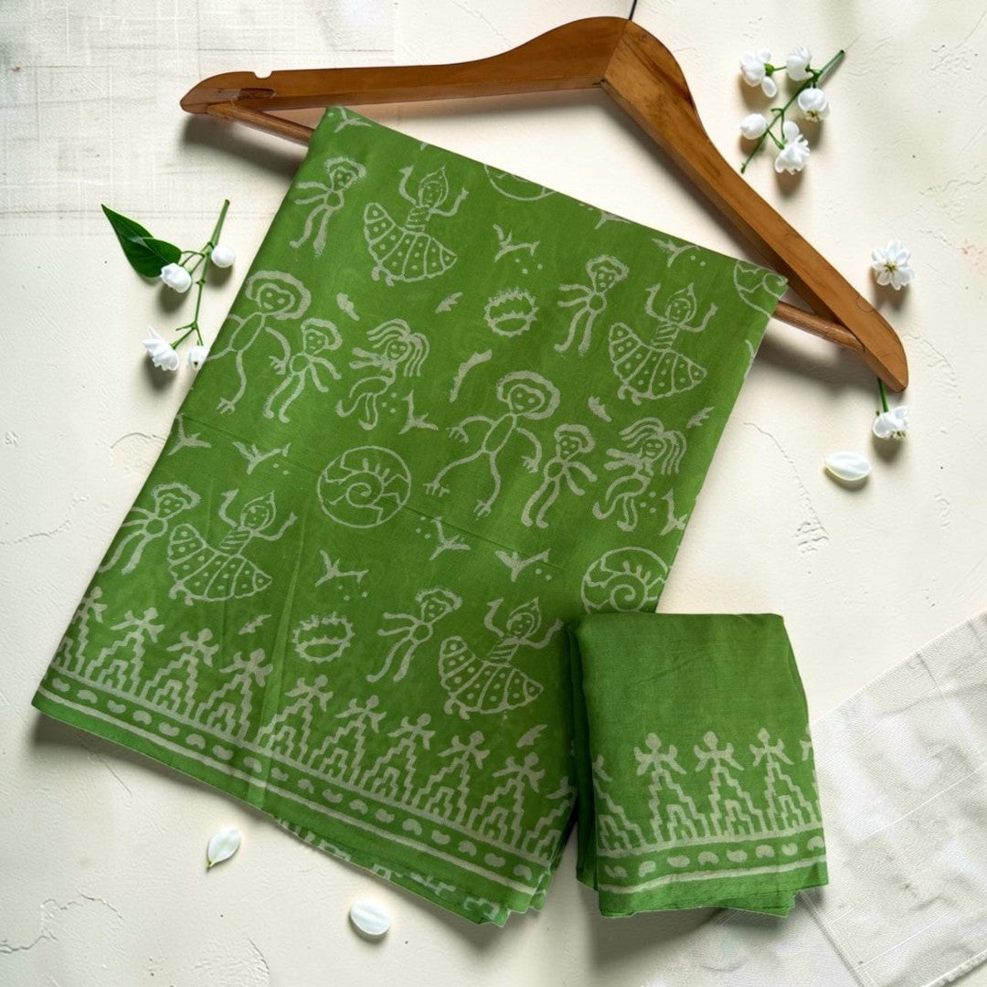 Green Folk Handblock Mul Cotton Saree