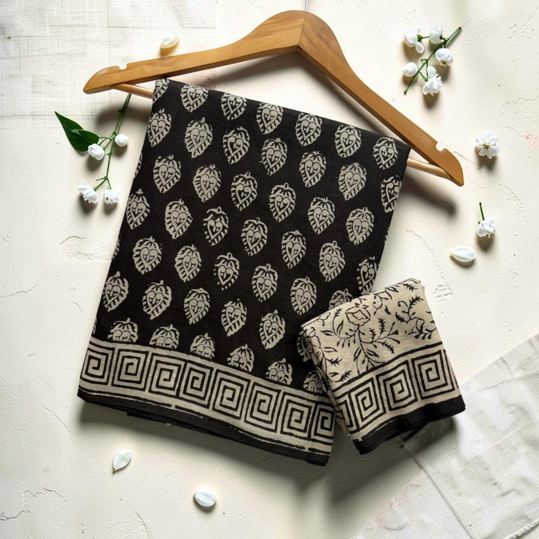 Black Paisley Block Printed Natural Dye Saree
