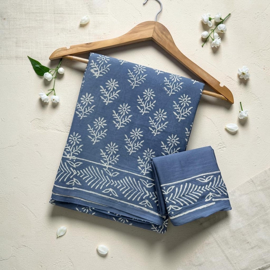 Denim Blue Hand Block Printed Mul Cotton Saree
