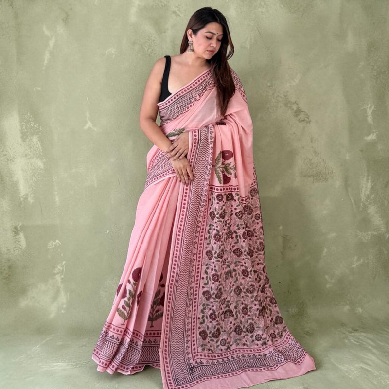Pink floral  Hand Block Mul cotton Saree