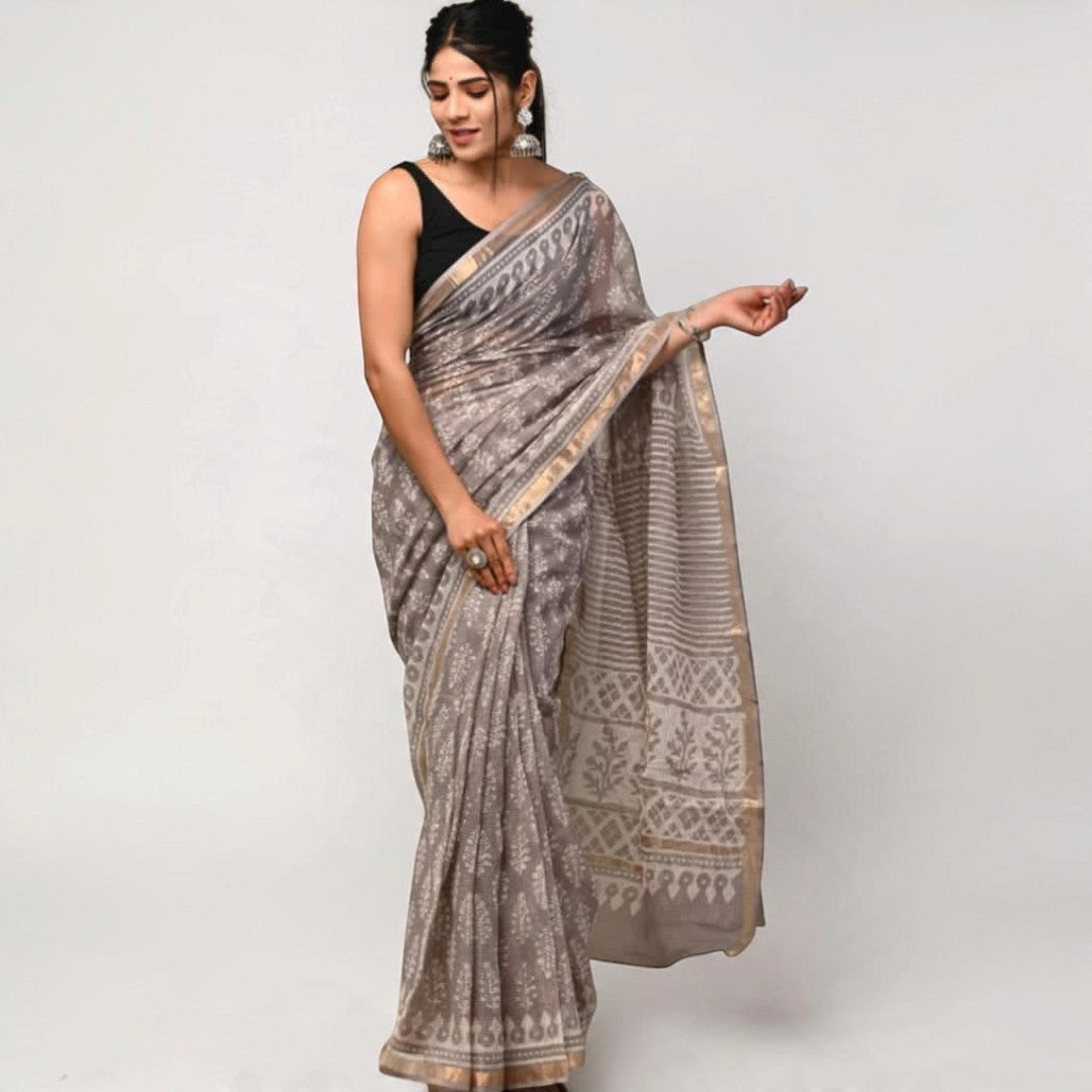Silver Taupe Tales – Kota Doria with Traditional Block Prints
