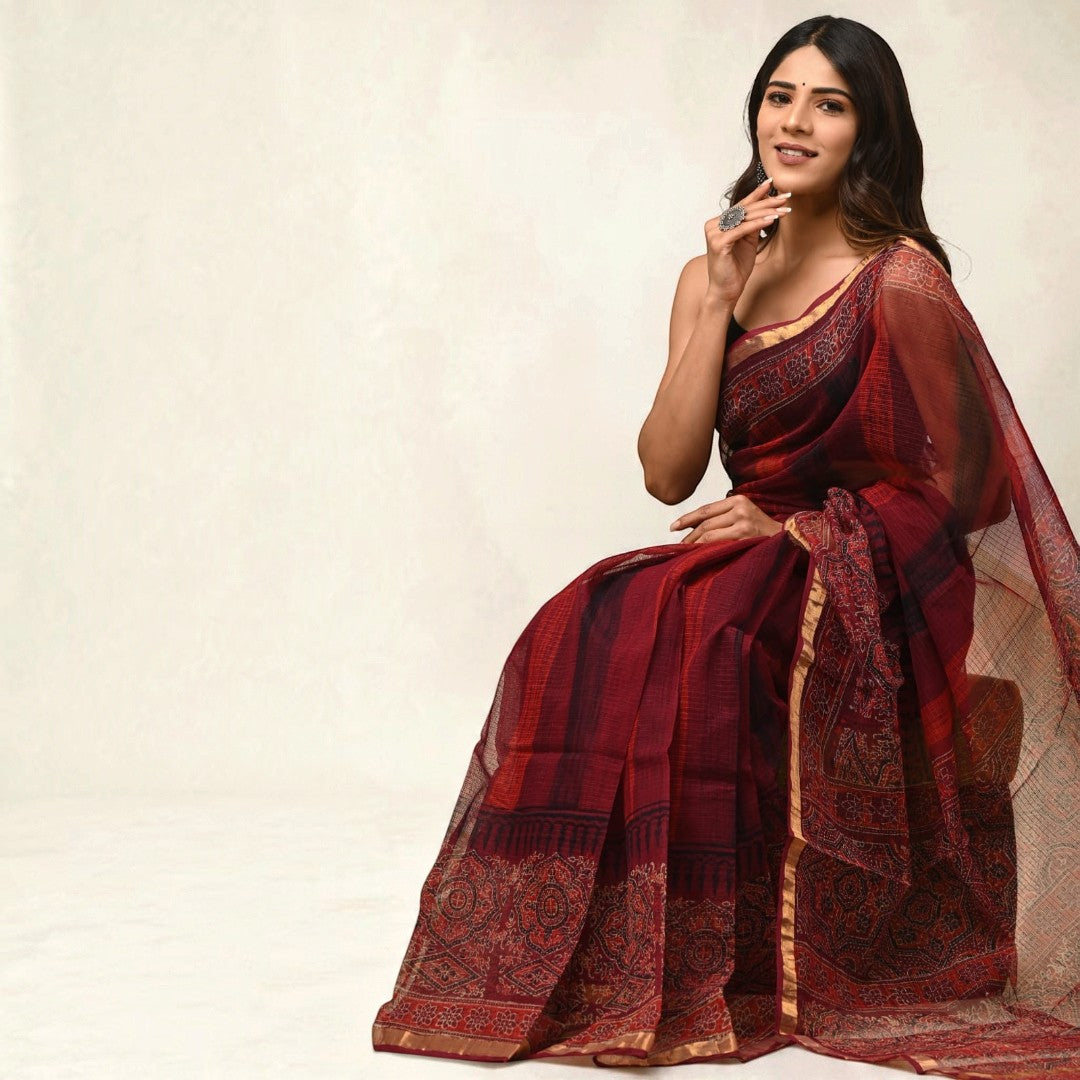 Crimson Ajrakh– Maroon Block Print Kota doria