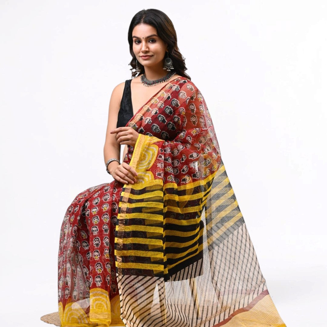 Quirky Girls – Brick Red Kota Doria with Hand Block Prints
