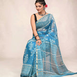 Blue Dusk Kota Doria with Floral Block Prints