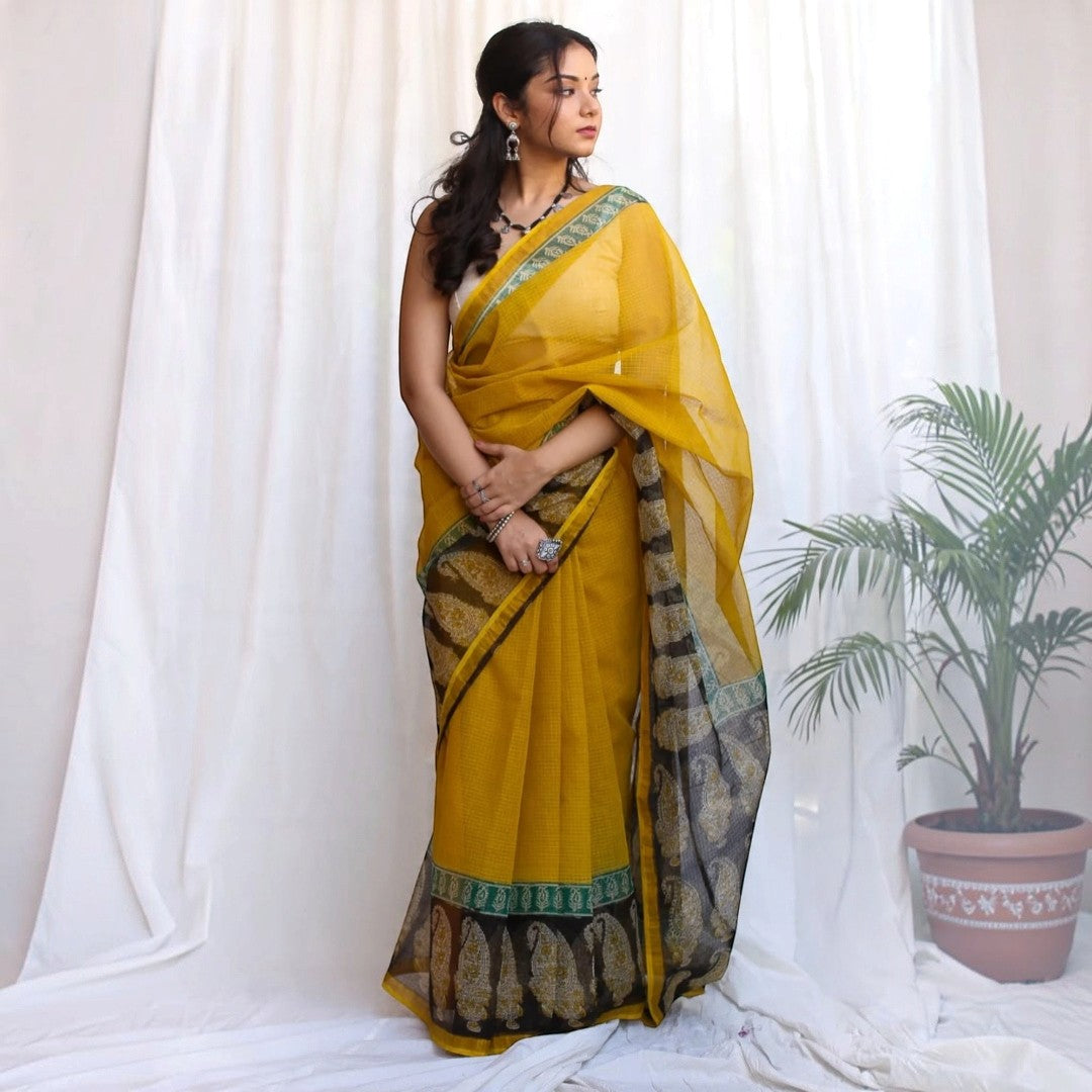 Mustard Paisley  Kota Doria with Hand Block Prints