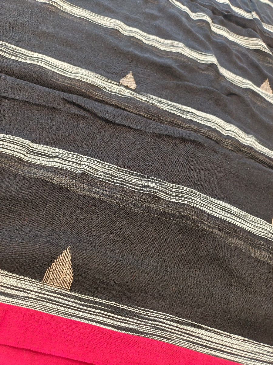 Black Handloom Cotton Saree with Ghicha-Inspired Pallu