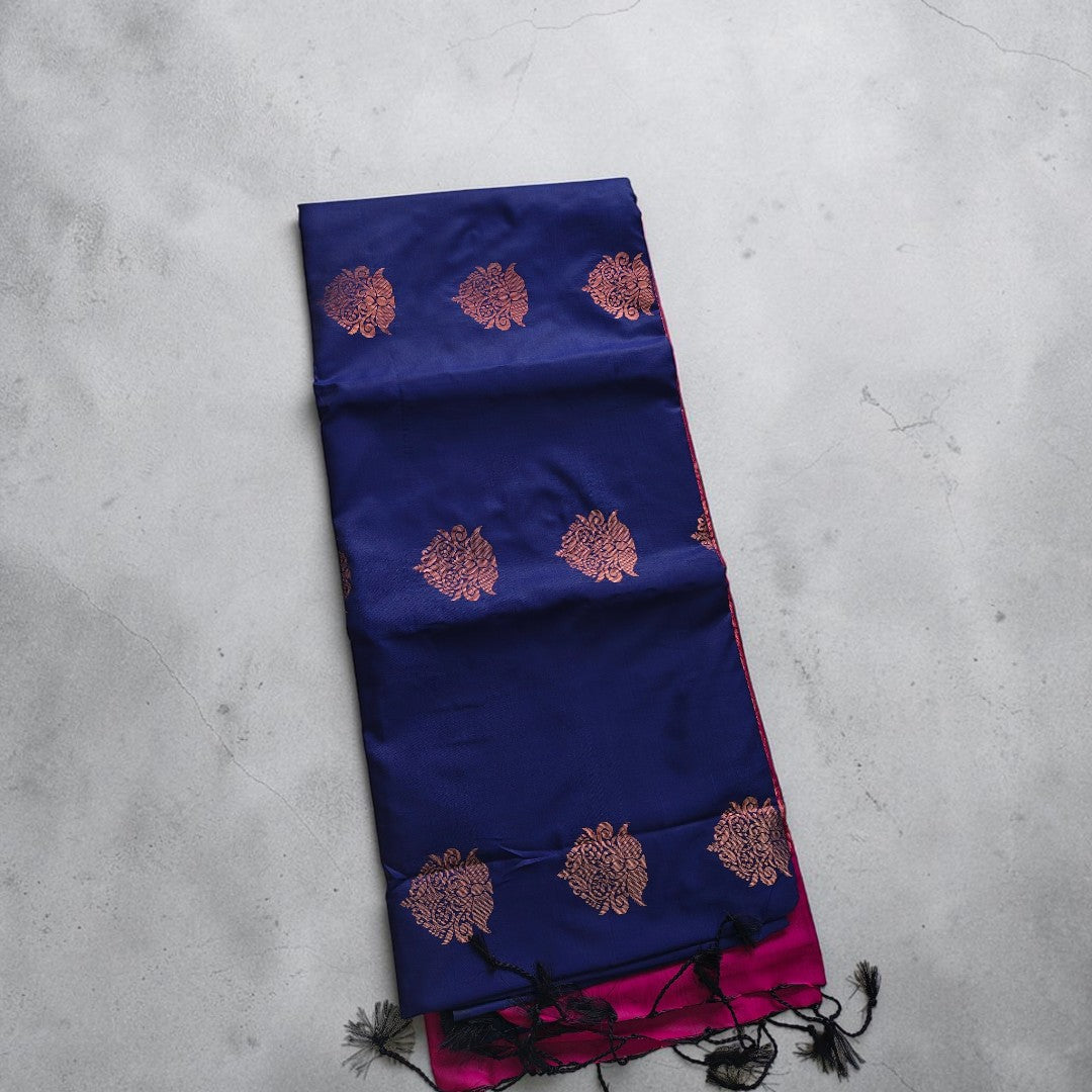 Deep Blue Zari Floral Motif Soft Silk