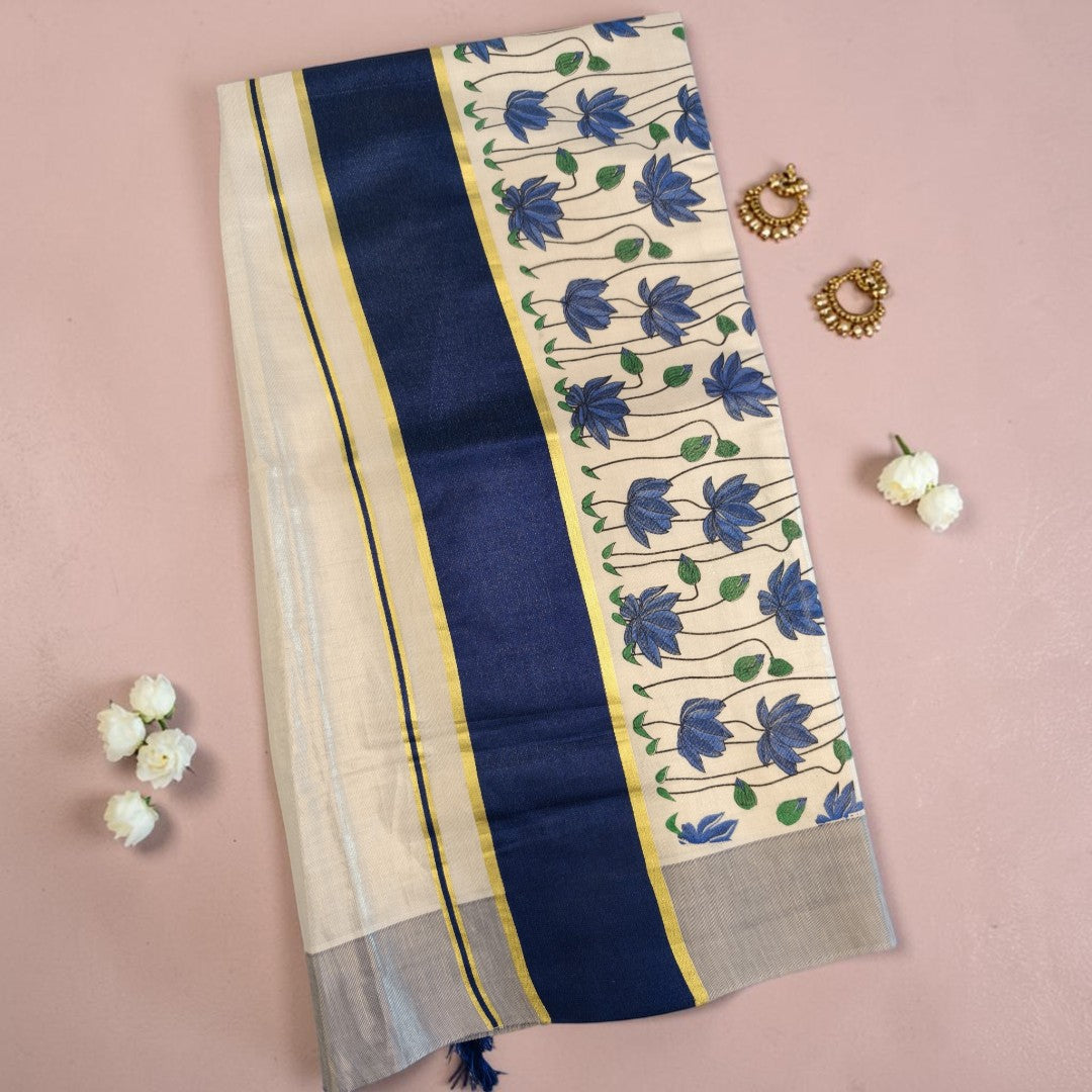 Lotus Bloom Kerala Kasavu Tissue Silk Saree