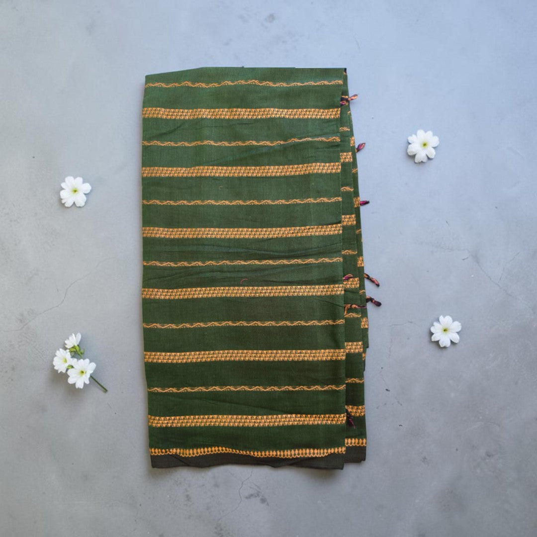 Golden Horizontal Lines in Green Saree