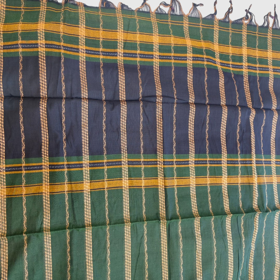 Golden Horizontal Lines in Green Saree