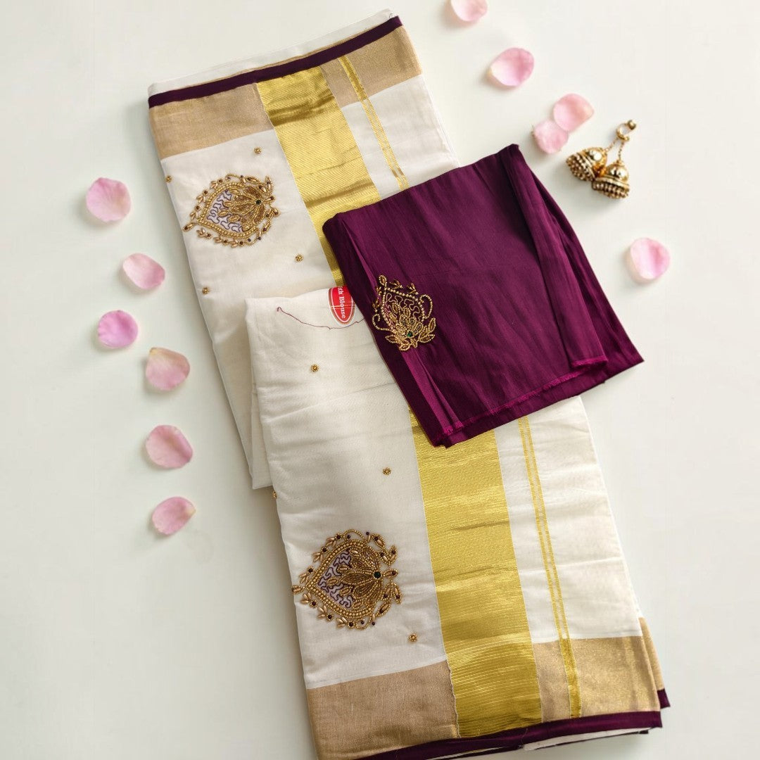 Embroidered Kerala Kasavu Cotton Saree
