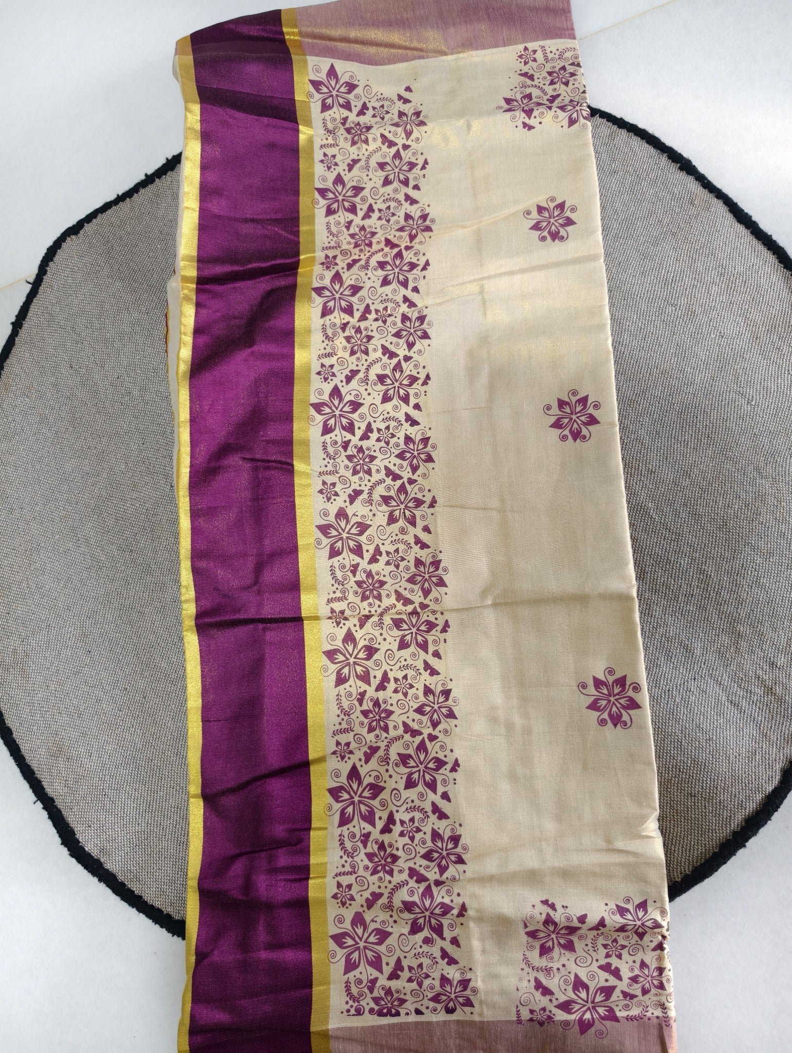 Purple Stars Block Printed Kerala Kasavu Saree