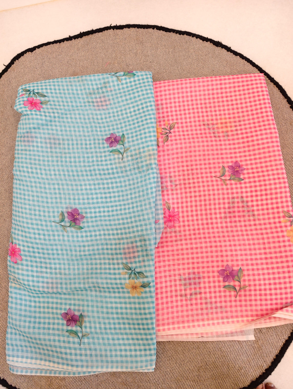 Gingham & Floral Linen Cotton Saree
