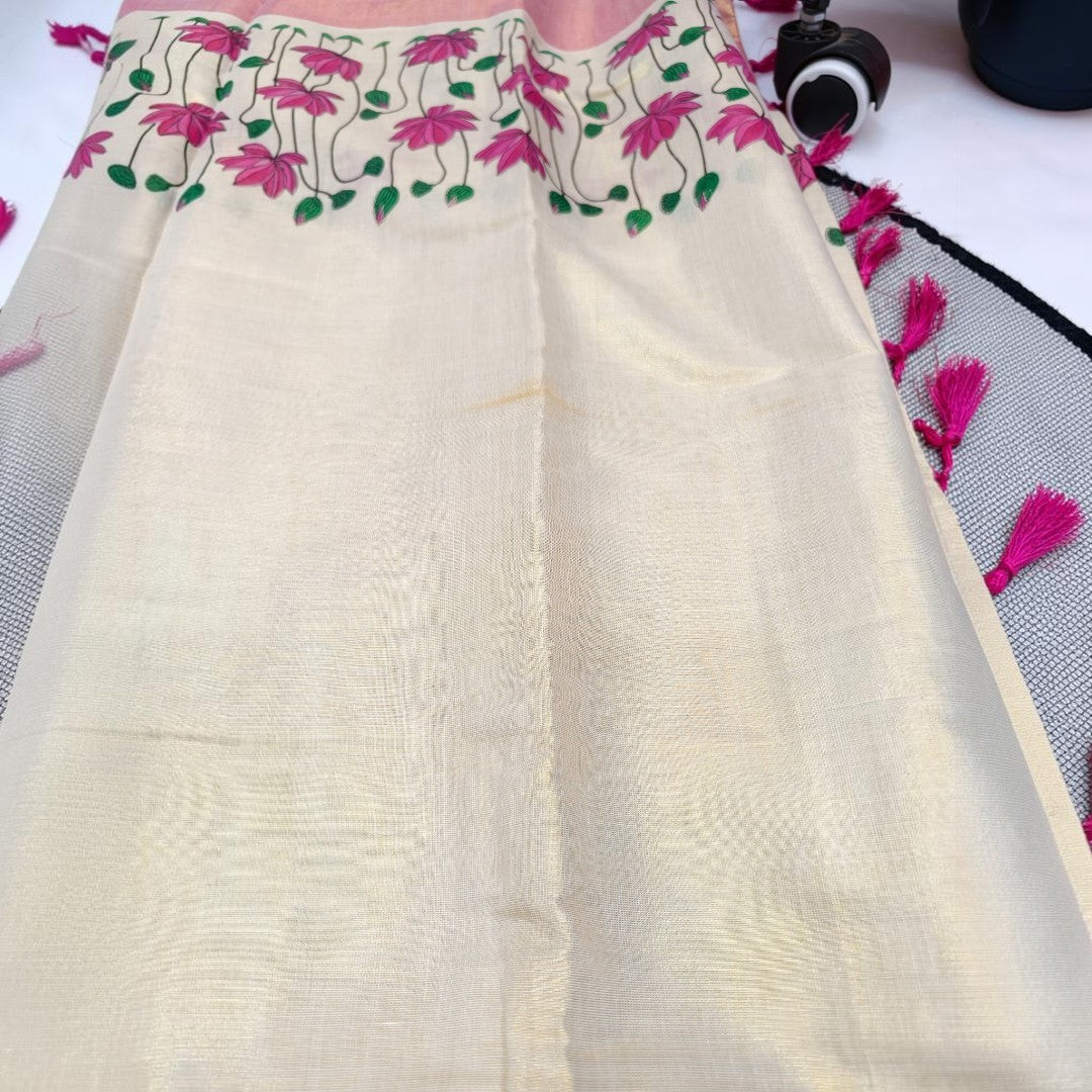 Lotus Bloom Kerala Kasavu Tissue Silk Saree