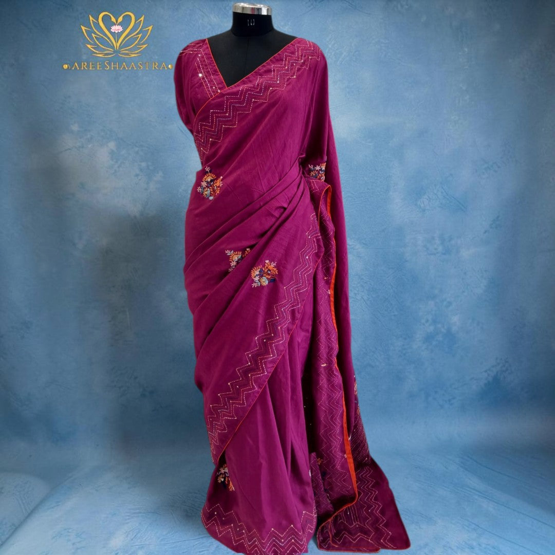 Magenta Floral Vine Embroidered Saree