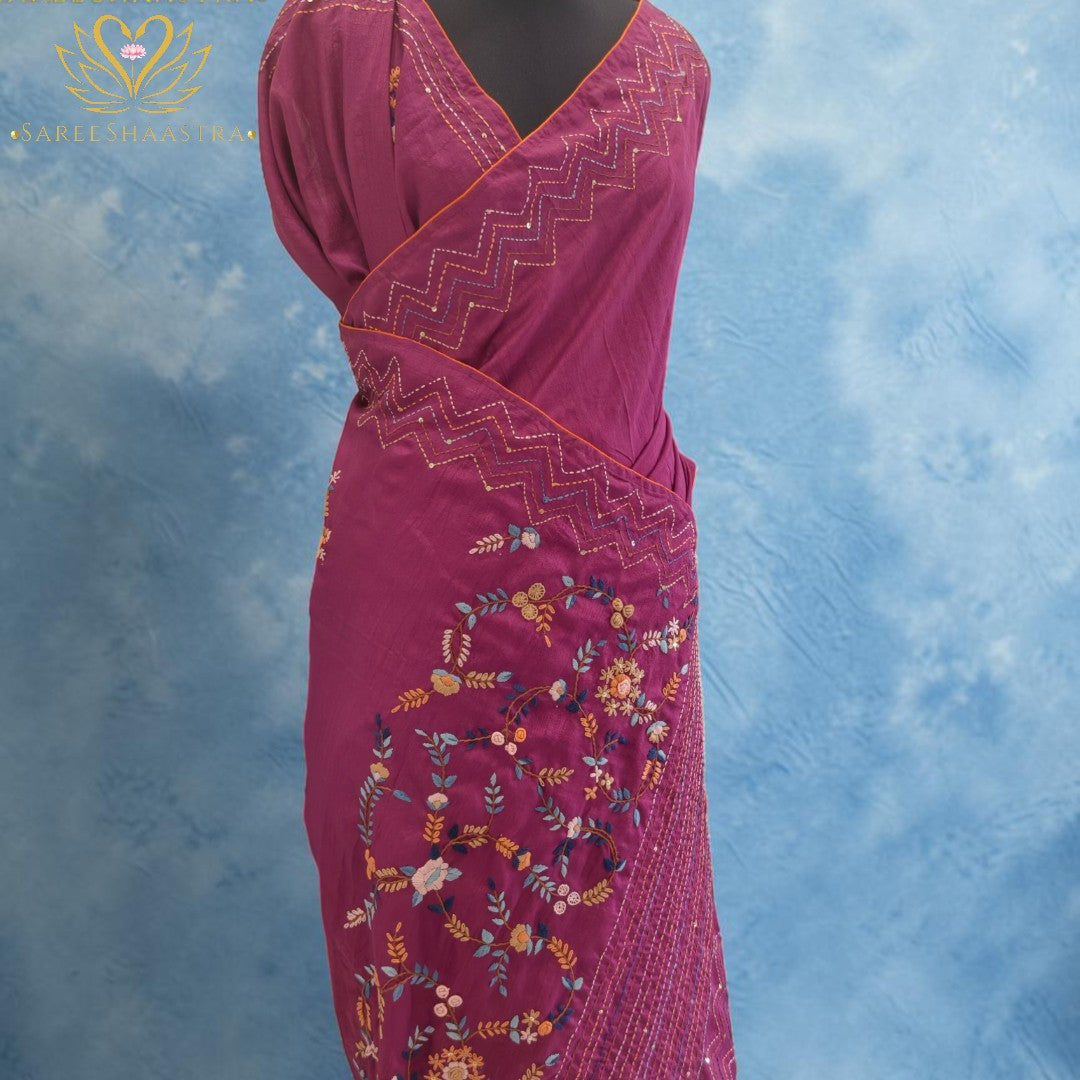 Magenta Floral Vine Embroidered Saree
