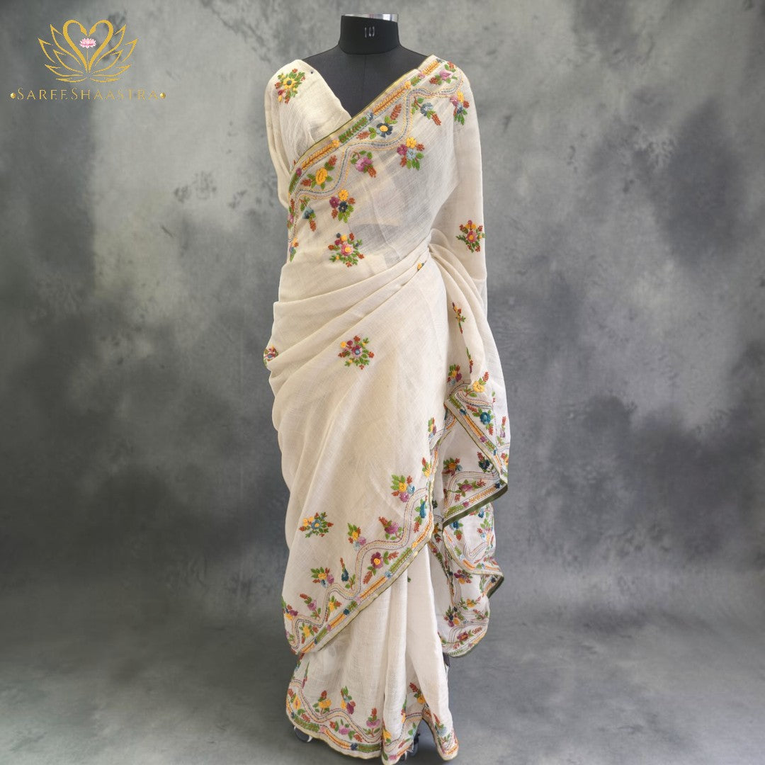 Ivory Floral Embroidered Saree