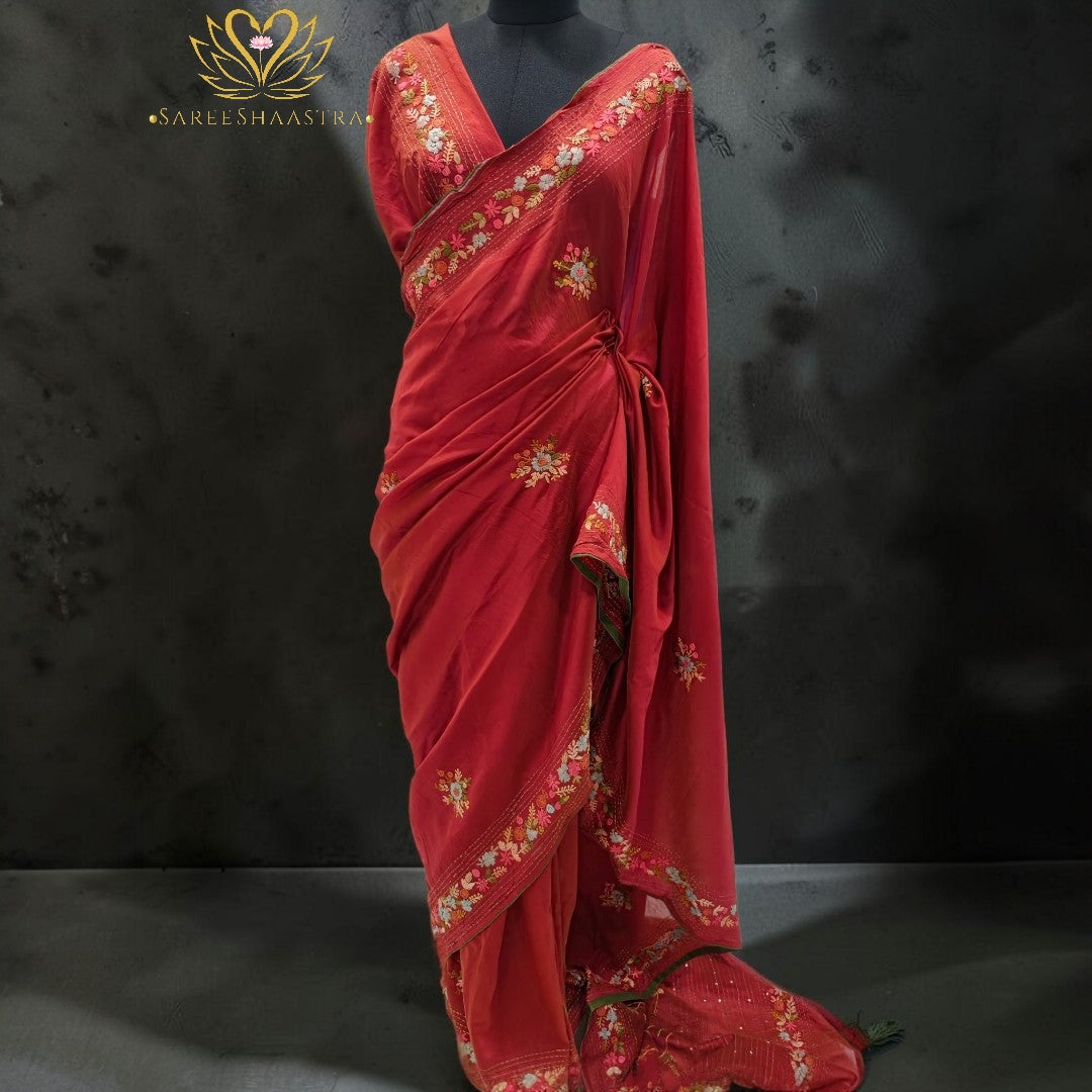 Crimson Blossom Embroidered Saree