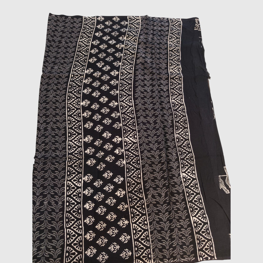 Black Bird Handblock Mul Cotton Saree