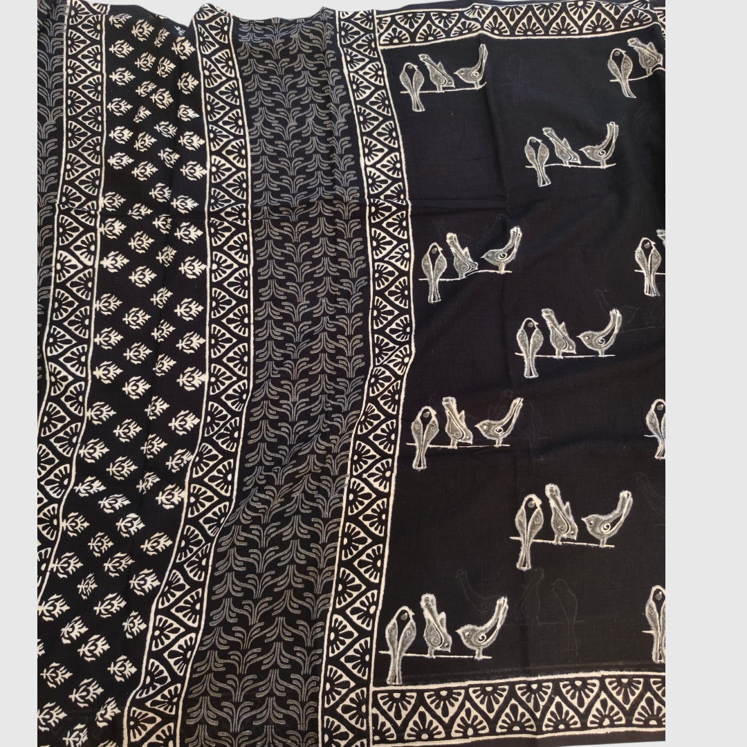 Black Bird Handblock Mul Cotton Saree