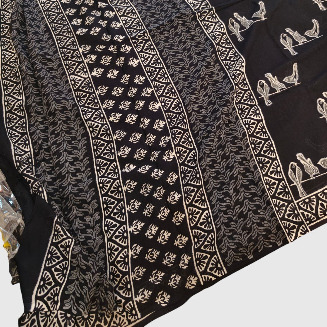 Black Bird Handblock Mul Cotton Saree