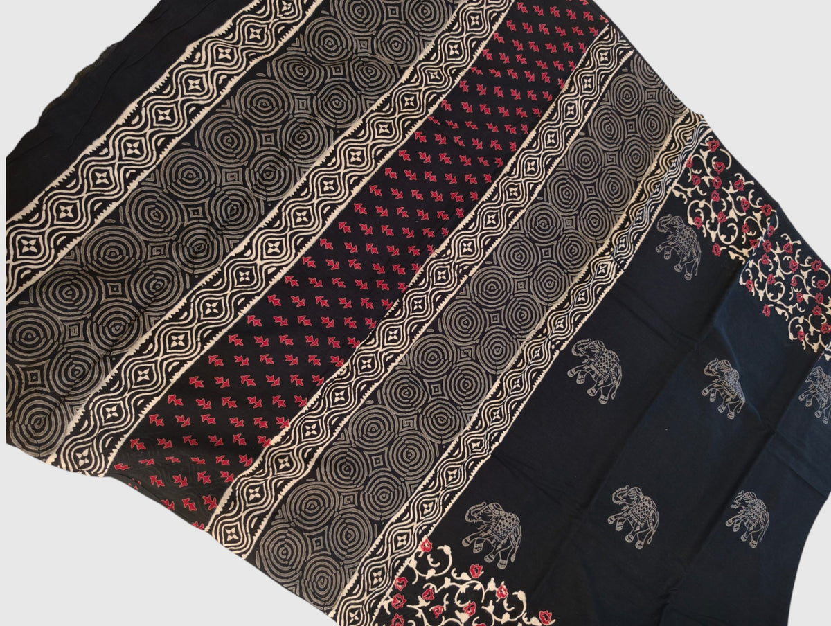 Elephant Motif Block Print Mul cotton Saree