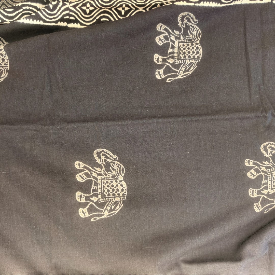 Elephant Motif Block Print Mul cotton Saree
