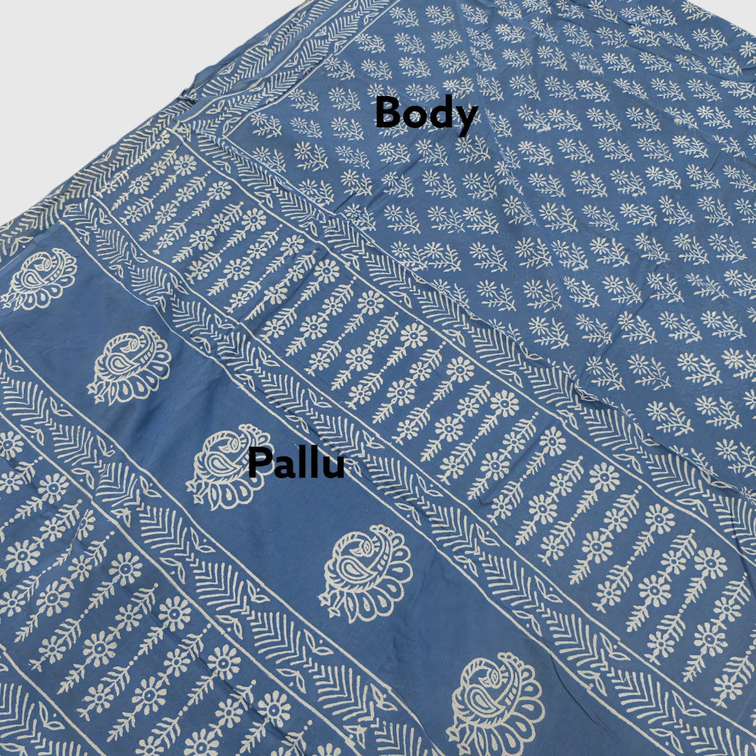 Denim Blue Hand Block Printed Mul Cotton Saree