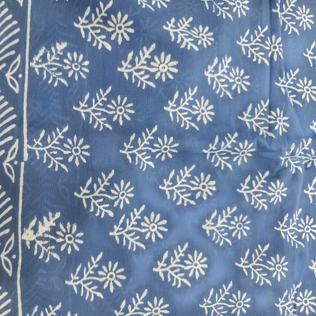 Denim Blue Hand Block Printed Mul Cotton Saree