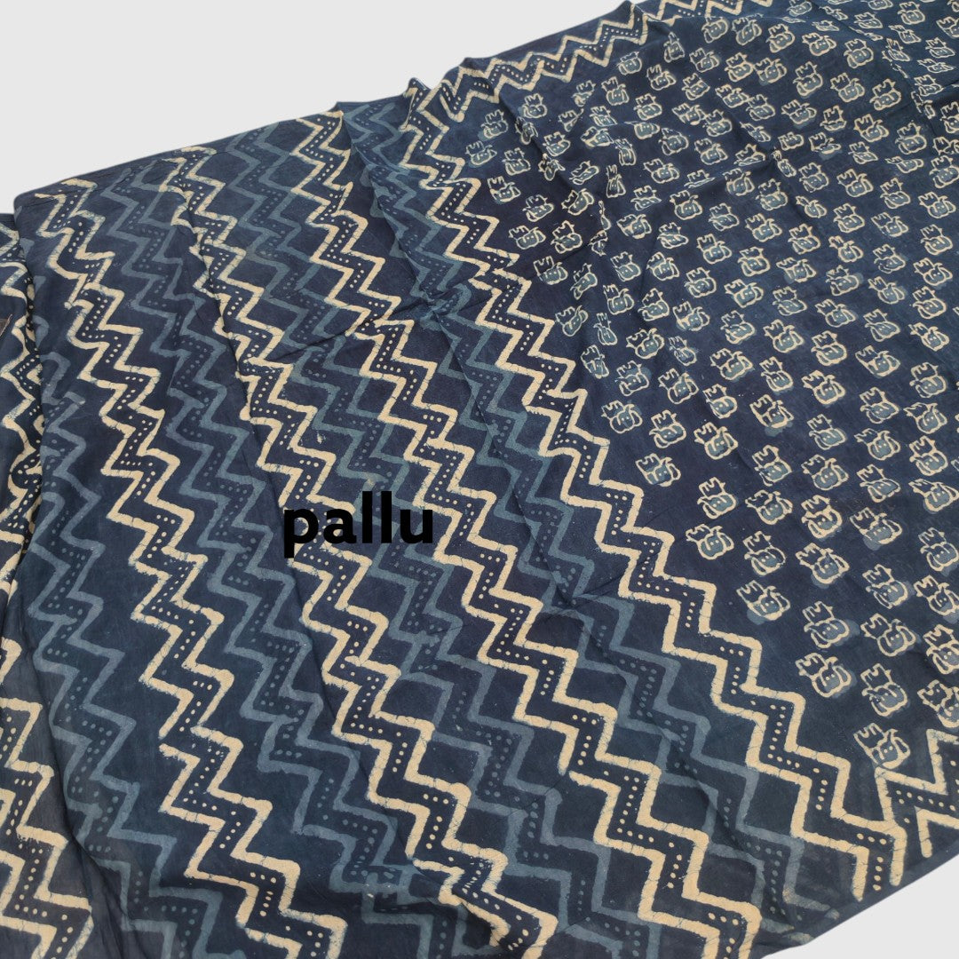 Indigo Elephant Block Print Mul Cotton Saree