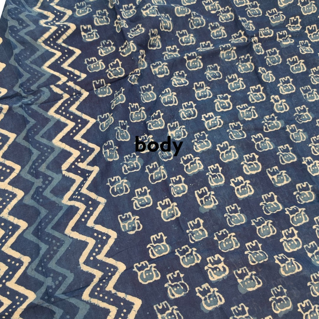 Indigo Elephant Block Print Mul Cotton Saree