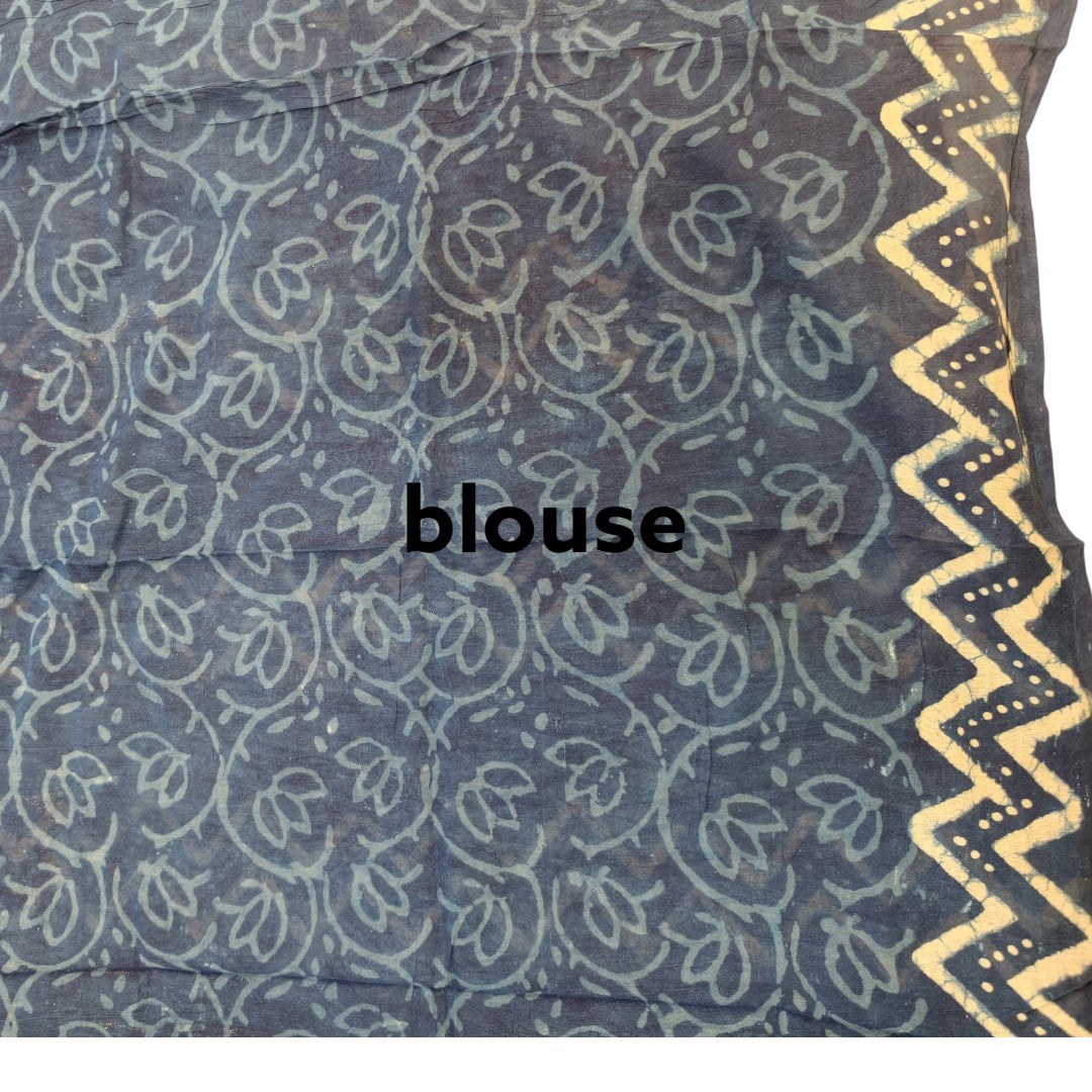Indigo Elephant Block Print Mul Cotton Saree