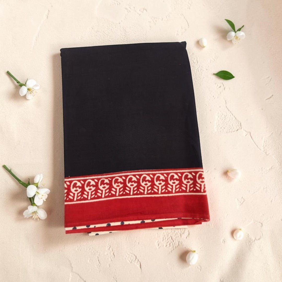 Crimson and Black Hand blocked Mul cotton Saree