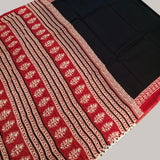 Crimson and Black Hand blocked Mul cotton Saree